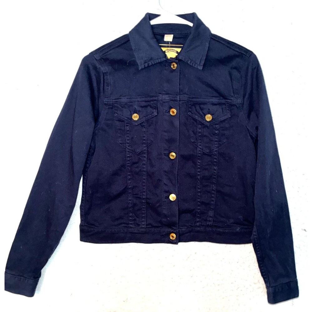 Michael Kors Navy Blue Gold Button Front Collared Jacket Stretch Womens S Crop